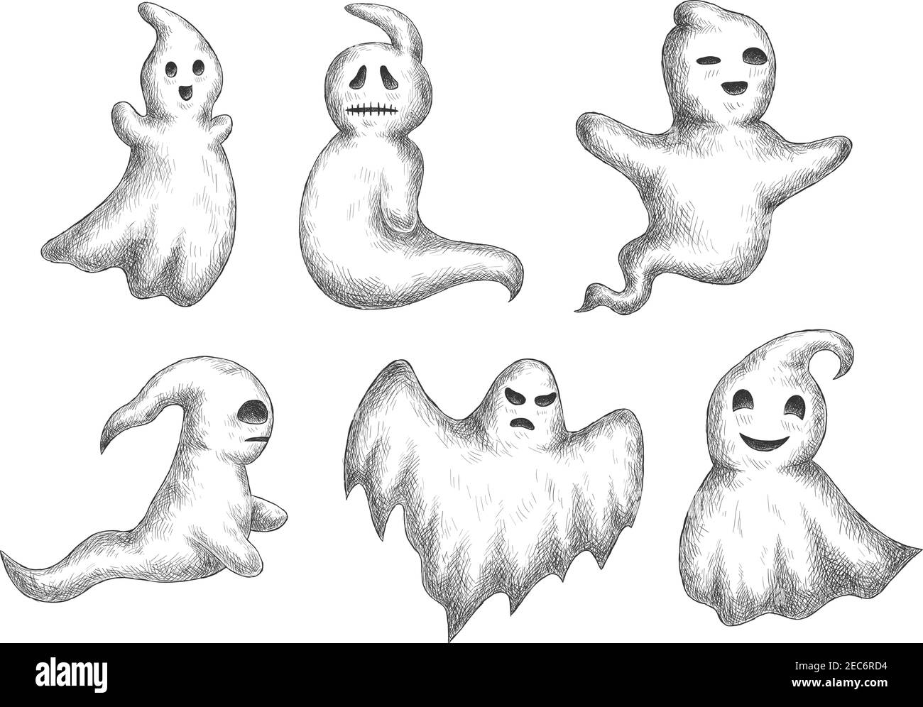 Cartoon Halloween divertenti fantasmi icone. Disegnare caratteri vettoriali di spoks e bogey carini e spaventosi con espressioni di volto per la decorazione Illustrazione Vettoriale