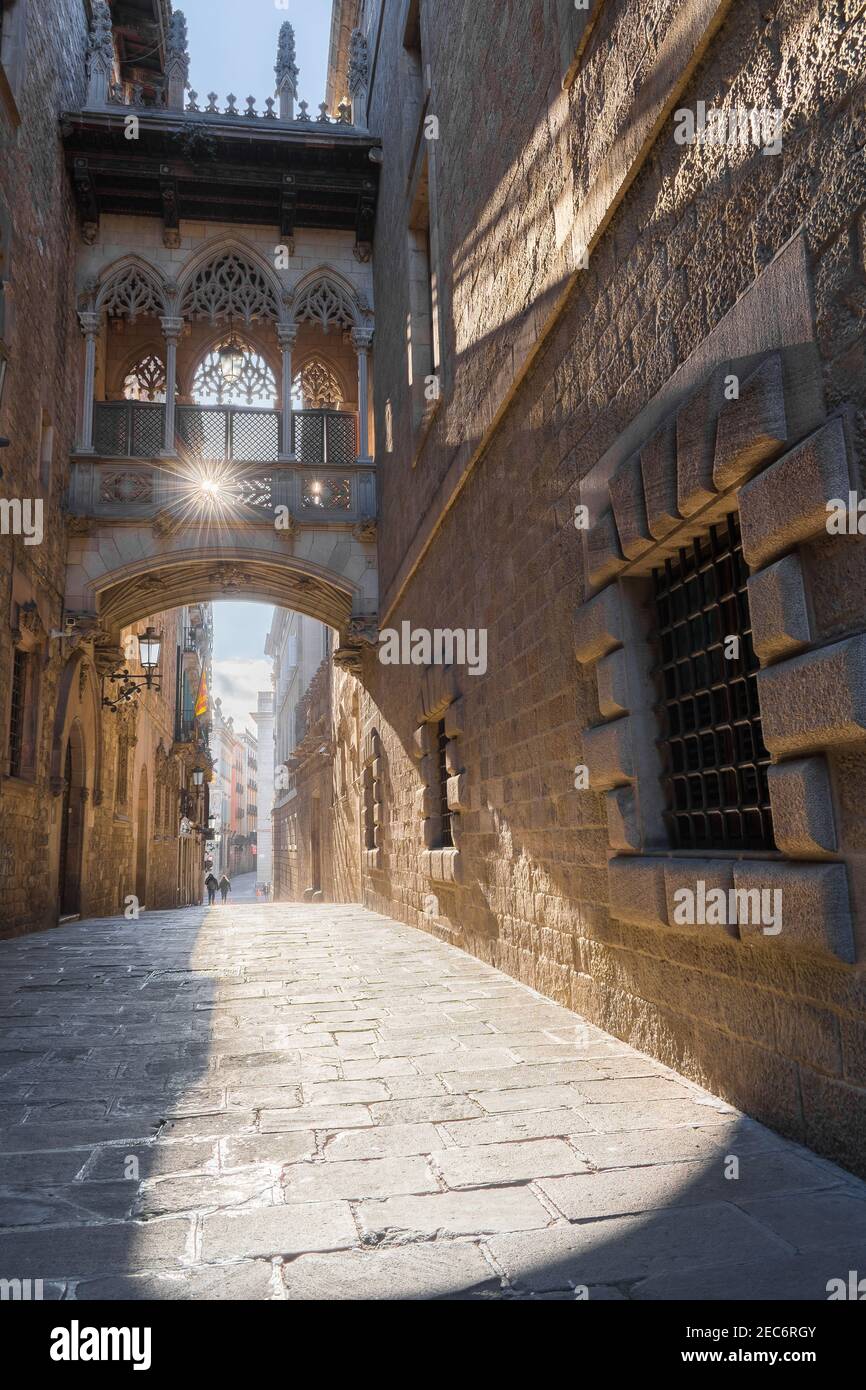Ponte Carrer del BISBE al mattino presto, Barcellona Foto Stock