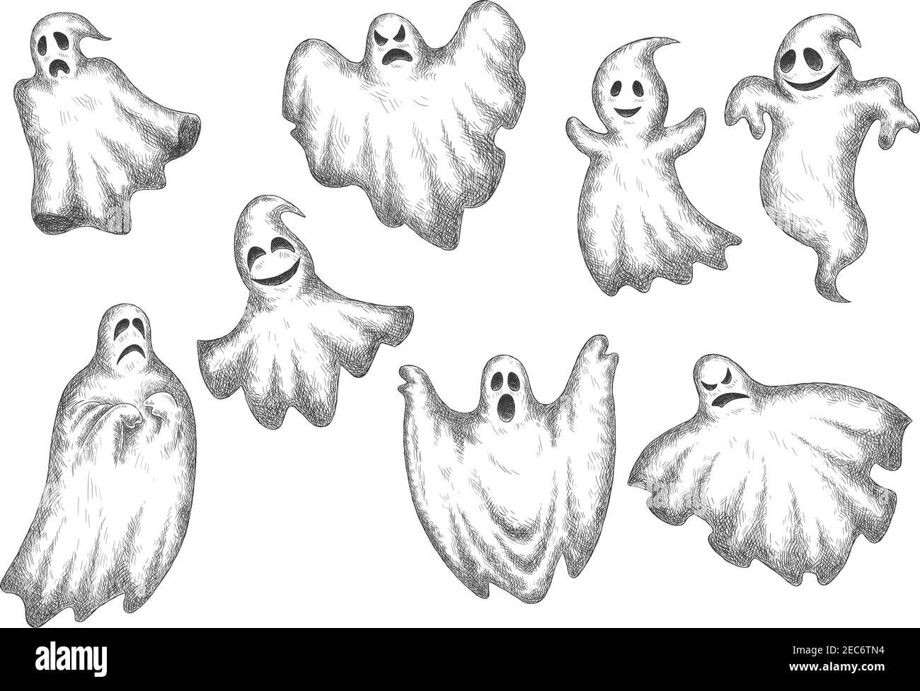 Halloween divertente cartoon fantasmi icone vettoriali. Spoks artistici carini e spaventosi con espressioni facciali Illustrazione Vettoriale