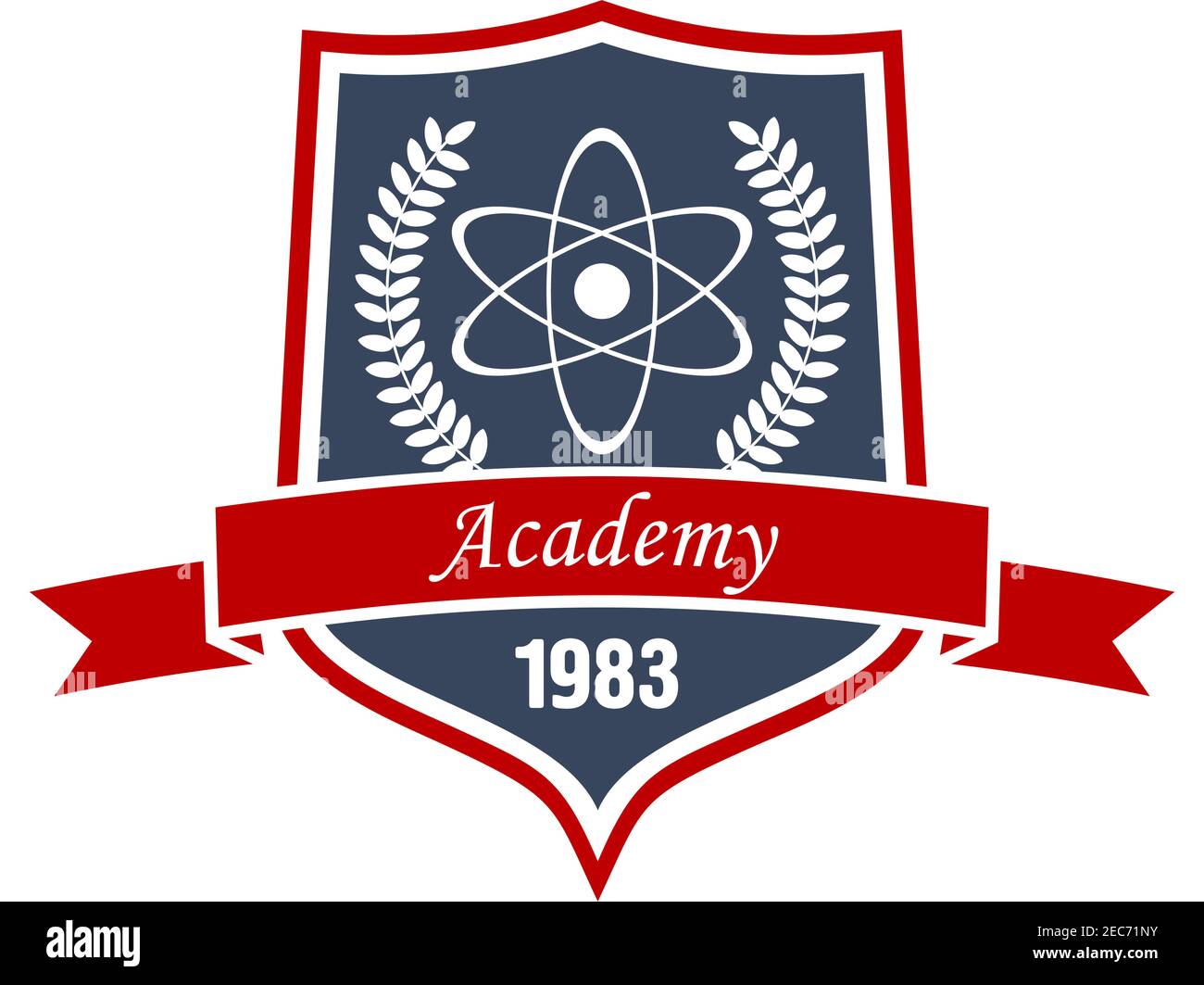 Accademia di insegne di fisica o simbolo di educazione scientifica con modello di atomo, circondato da corona di alloro su scudo medievale con bandiera a nastro. Può essere u Illustrazione Vettoriale