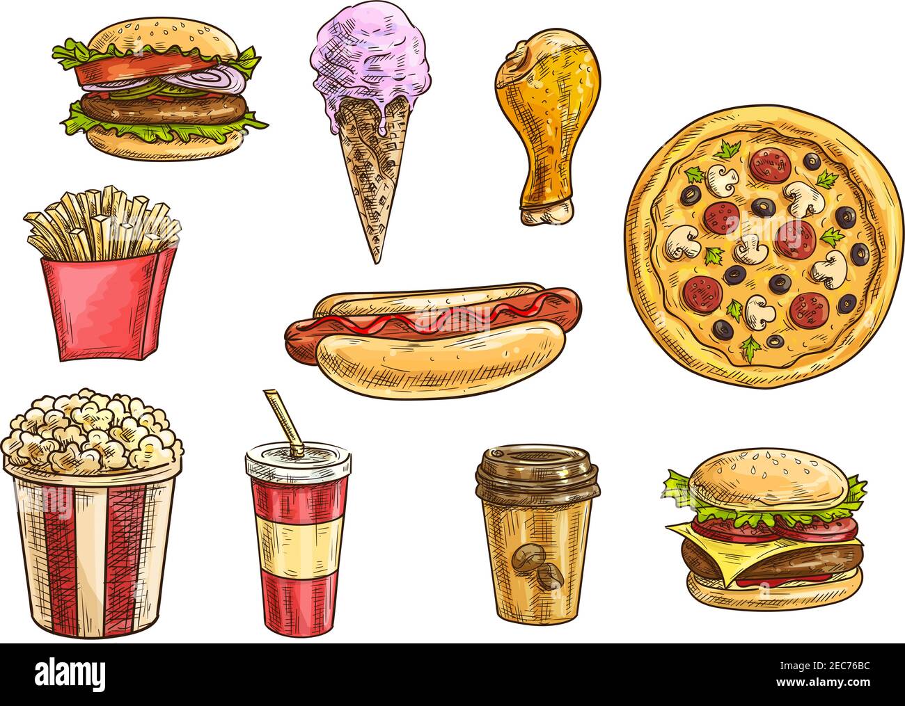 Spuntini e dessert veloci disegnano le icone. Elementi vettoriali isolati di cheeseburger, hamburger, hot dog, patatine fritte in scatola, pizza, coscia di pollo, ghiaccio Illustrazione Vettoriale