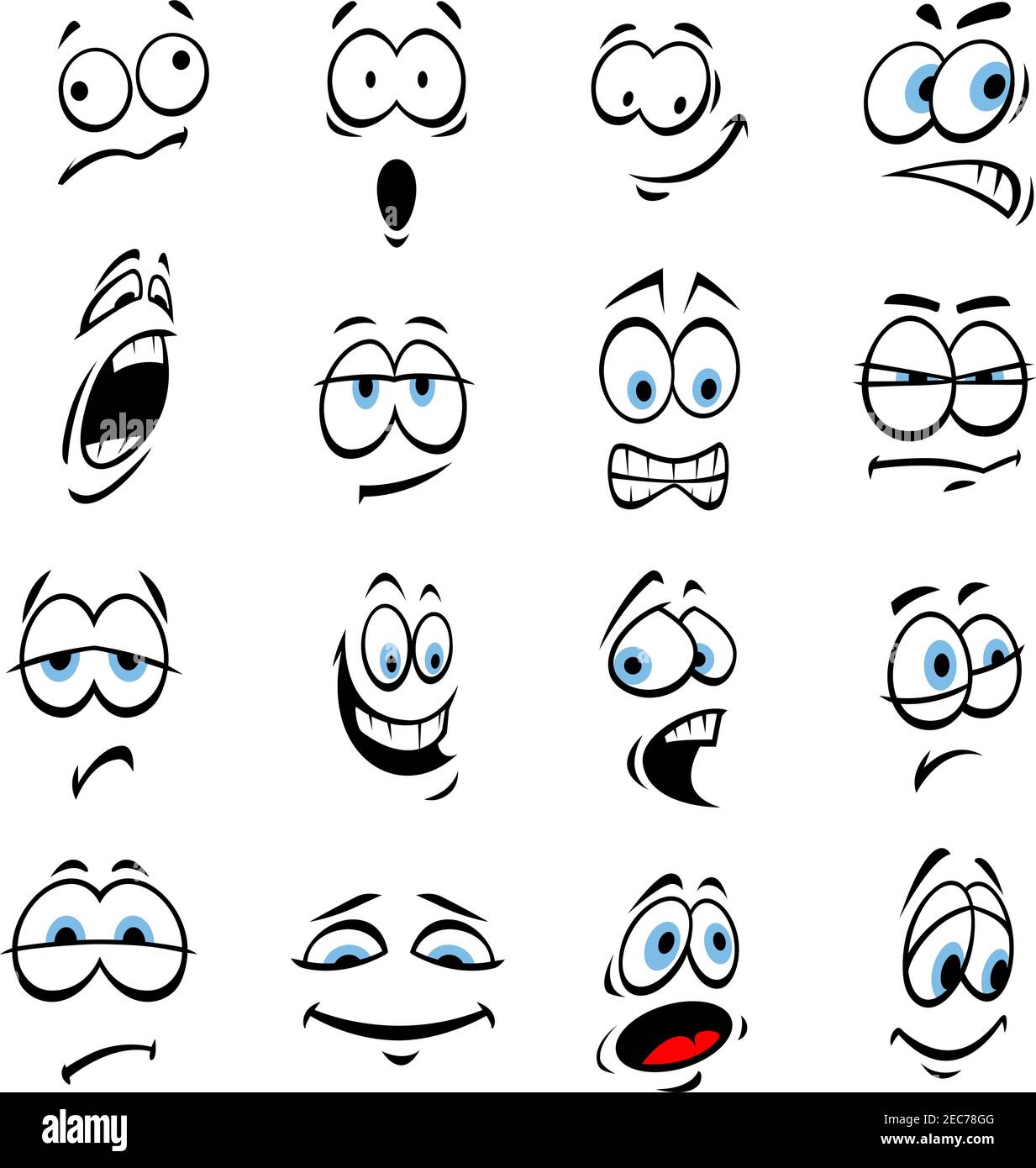 Occhi cartone animato con espressioni ed emozioni del volto. Icone simpatico sorrisi per emoticon. Elementi emoji vettoriali sorridenti, felici, tristi, arrabbiati, pazzi, stupidi, shock Illustrazione Vettoriale