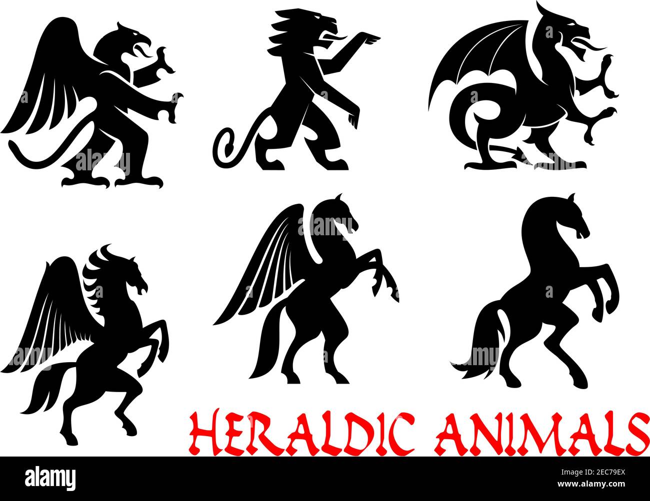 Gli animali emblemi araldici. Icone della silhouette vettoriale. Griffin, Drago, Leone, Pegaso, Equitazione per tatuaggio, eraldry, stemma tribale scudo. Fantasia m Illustrazione Vettoriale