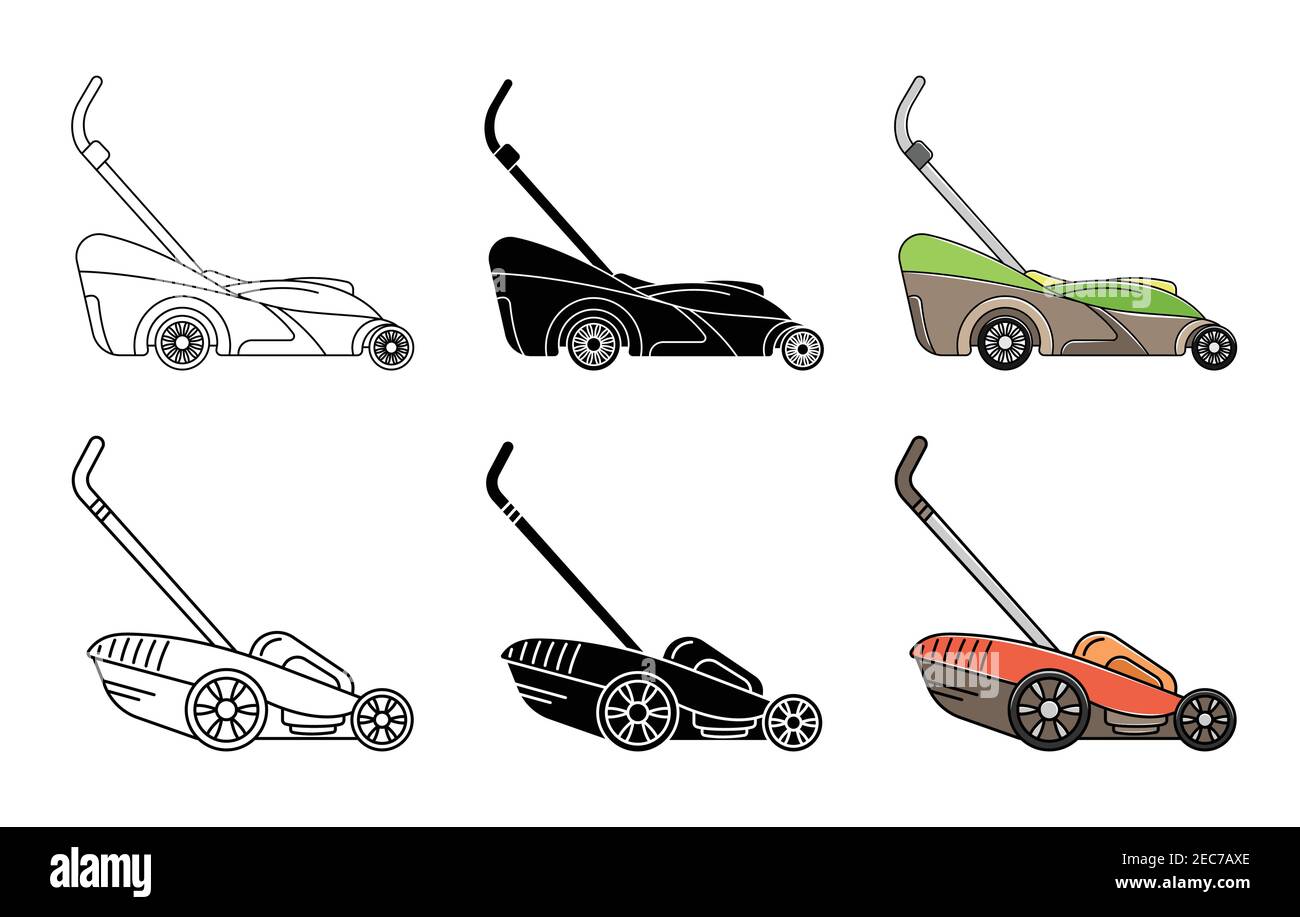 Serie di icone del rasaerba. Icona del giardino. Logo. Lineart, semplice Illustrazione Vettoriale