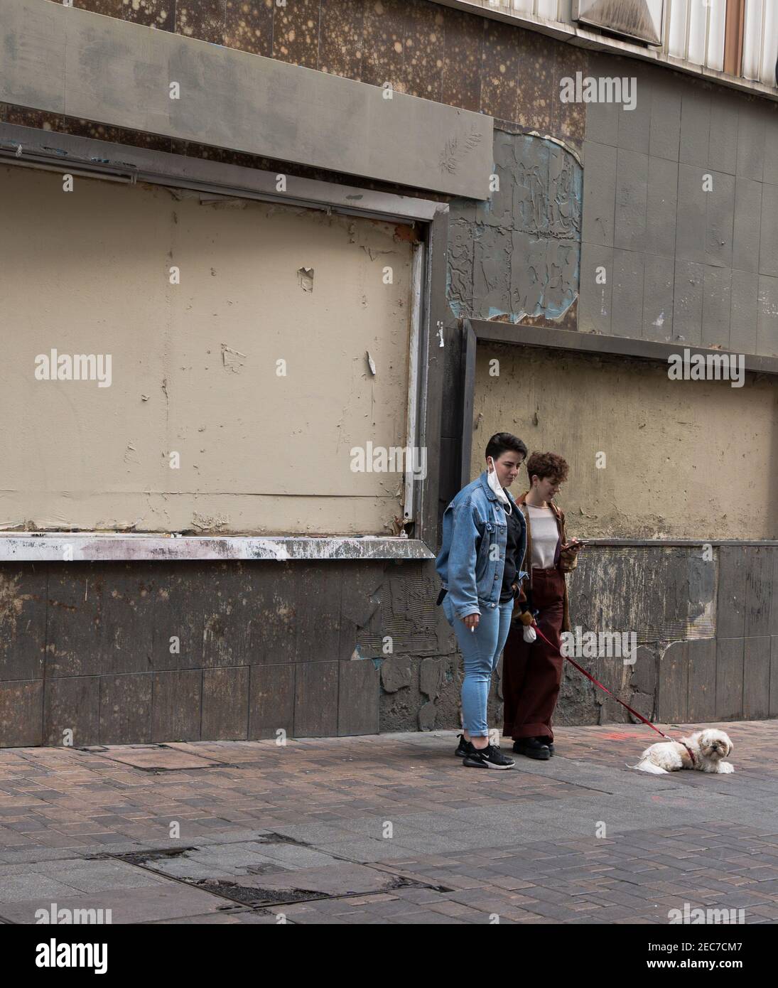 Due ragazze e un cane appesi sulla strada Foto Stock