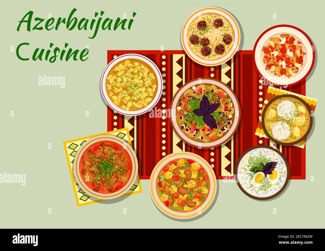 Icona della cucina azerbaigiana con insalata di verdure alla griglia, zuppa di gnocchi, kofta di palla di pesce, stufato di verdure di agnello, zuppa di fagioli di polpette, stufato di cornello di pollo, Illustrazione Vettoriale