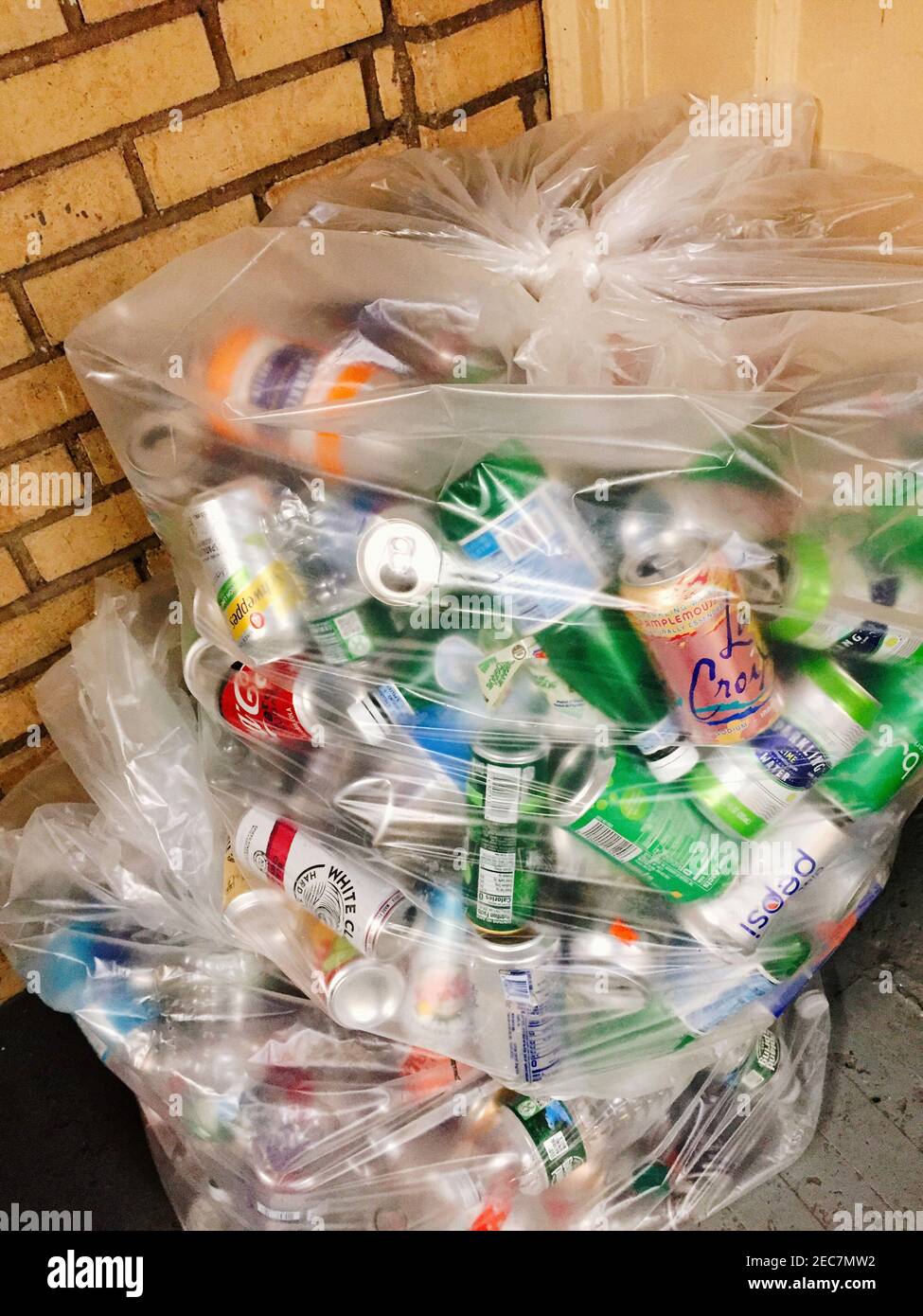 Sacchetto di plastica di lattine per il riciclaggio in un seminterrato residenziale, Stati Uniti Foto Stock