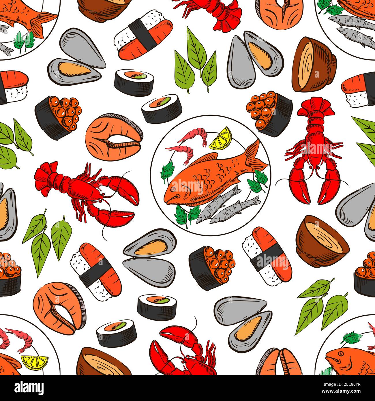 Pesce e piatto di pesce sfondo senza cuciture. Carta da parati con icone vettoriali di aragosta, gamberi, granchio, salmone, caviale, bistecca, cozze, sushi, salsa, Illustrazione Vettoriale