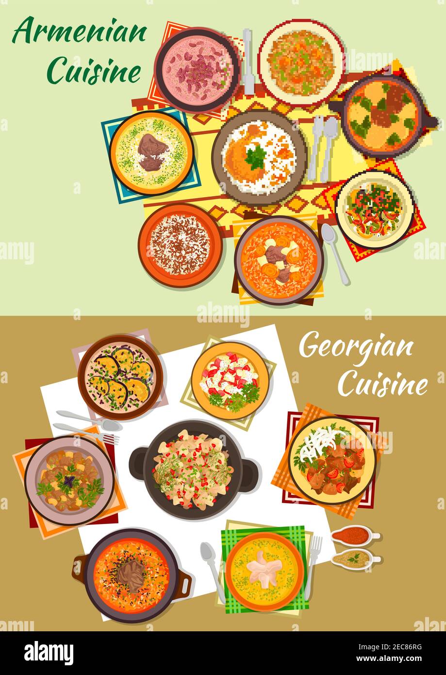 Cucina georgiana e armena icona di piatti a base di carne con riso, frutta secca e melograno, noce, fagioli, zuppe di yogurt, melanzane con satvivi, vegetabl Illustrazione Vettoriale