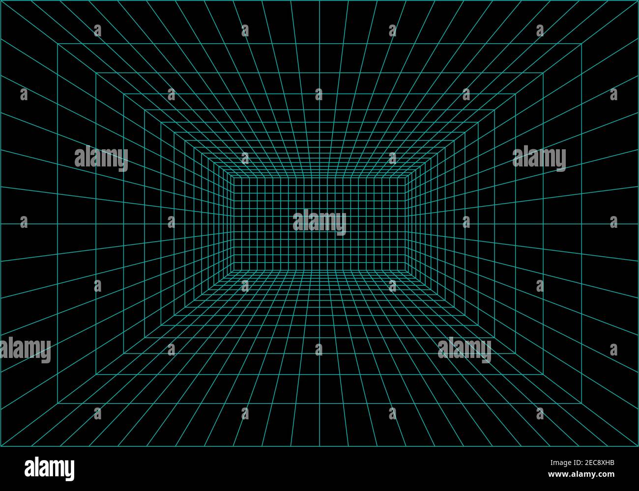 All'interno della realtà virtuale. Griglia di prospettiva interna. Struttura a reticolo dei dati digitali. Vettore Illustrazione Vettoriale