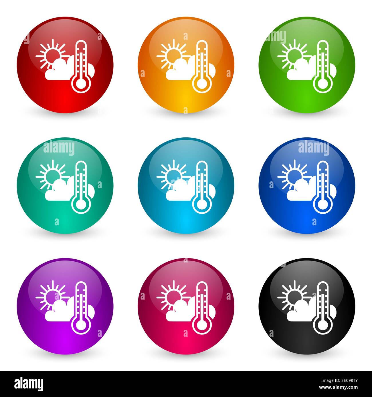 Set di icone per le previsioni meteo, pulsanti a sfera con rendering 3d lucido colorati in 9 opzioni di colore per applicazioni di webdesign e mobili Foto Stock