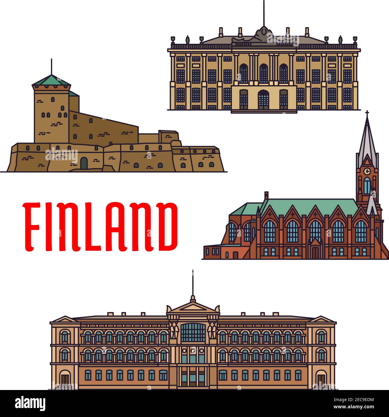 Monumenti storici dell'architettura finlandese. Icone dettagliate di Suomenlinna, Sveaborg, Chiesa di Kotkan, Museo di Ateneum, Palazzo Amalienborg. Showpl finlandese Illustrazione Vettoriale