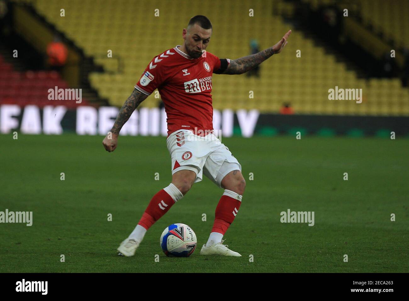 Watford, Regno Unito. 13 Feb 2021. Jack Hunt di Bristol City in azione durante il gioco. EFL Skybet Championship, Watford contro Bristol City al Vicarage Road Stadium di Watford sabato 13 febbraio 2021. Questa immagine può essere utilizzata solo per scopi editoriali. Solo per uso editoriale, è richiesta una licenza per uso commerciale. Nessun utilizzo nelle scommesse, nei giochi o nelle pubblicazioni di un singolo club/campionato/giocatore. pic by Steffan Bowen/Andrew Orchard sports photography/Alamy Live news Credit: Andrew Orchard sports photography/Alamy Live News Foto Stock