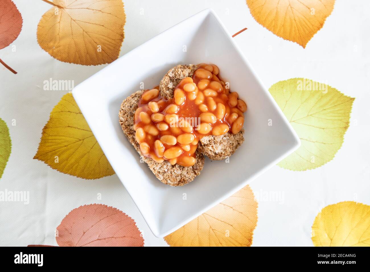 Weetabix con fagioli cotti sopra in un piatto bianco, cibo insolito Fad. Foto Stock