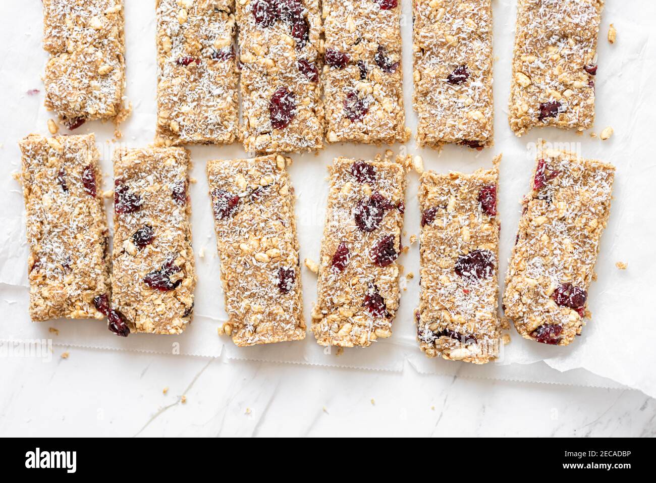 Vegan Energy OAT bar con cocco, puffs di riso e frutti di mirtilli secchi, piatto Lay Foto Stock