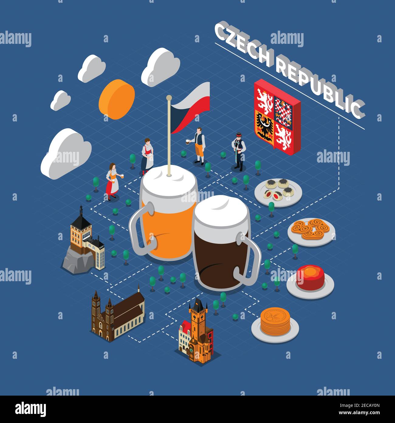 Check republic turisti attrazione simboli isometrici con tipica birra nazionale illustrazione vettoriale degli elementi del diagramma di flusso degli snack e degli indumenti Illustrazione Vettoriale