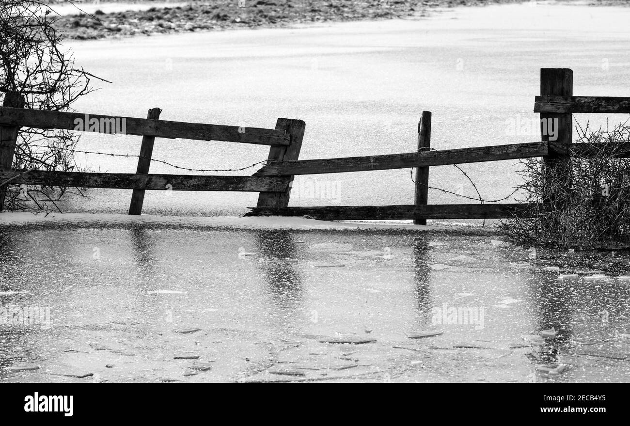 Recinzione agricola intrappolata in acque alluvionali congelate Foto Stock