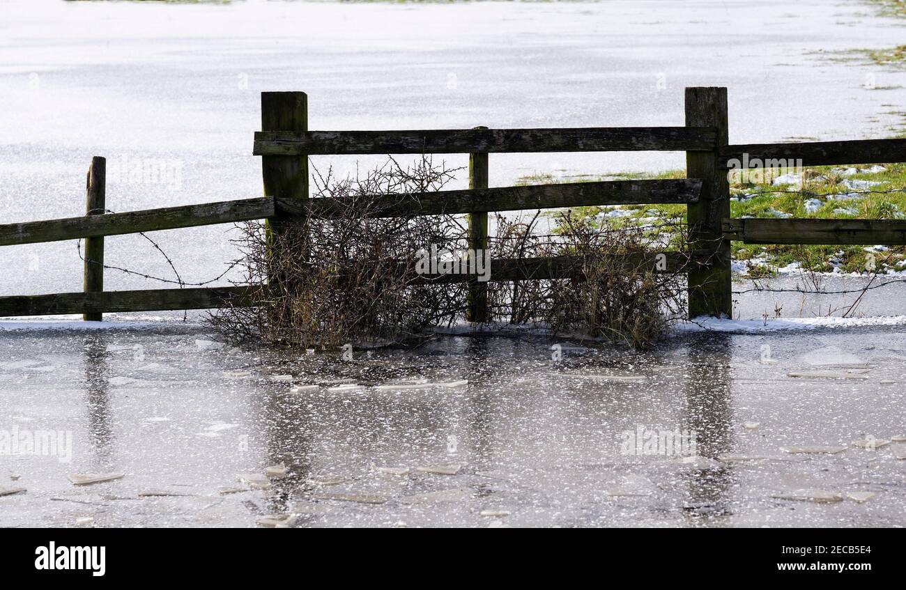 Recinzione agricola intrappolata in acque alluvionali congelate Foto Stock