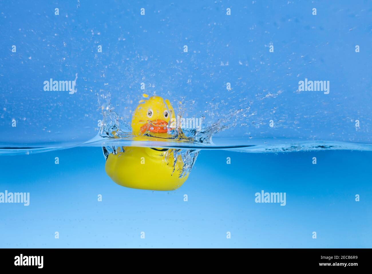 Tradizionale anatra di plastica gialla che spruzzi in acqua. Foto Stock