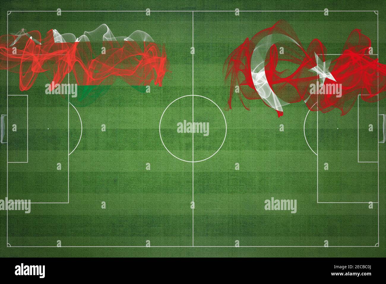 Partita di calcio Oman vs Turchia, colori nazionali, bandiere nazionali, campo di calcio, gioco di calcio, concetto di competizione, spazio copia Foto Stock