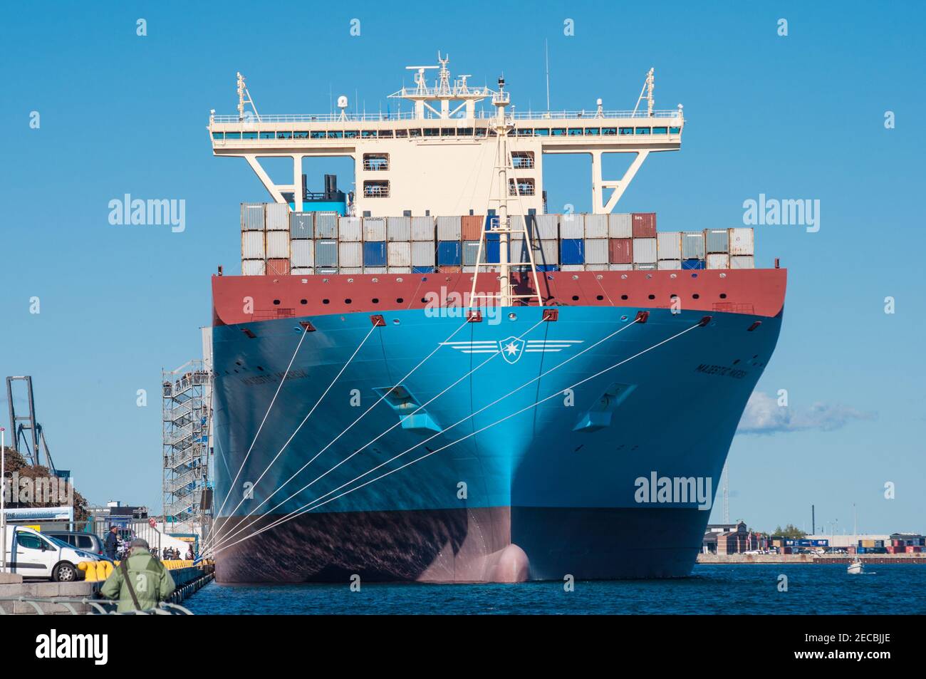 Copenaghen Danimarca - Settembre 27. 2013: Nave portacontainer Majestic Maersk nel porto di Copenhagen Foto Stock