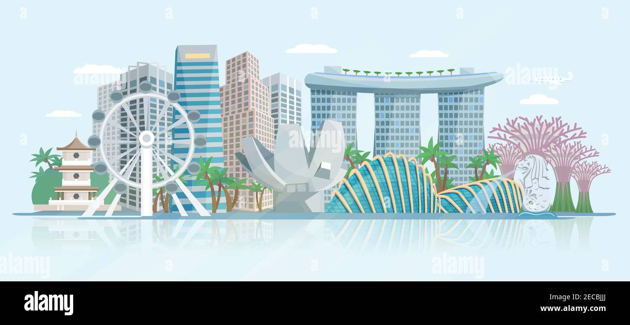 Vista panoramica dello skyline di Singapore con moderni grattacieli del quartiere centrale degli affari e storico tempio costruzione astratta illustrazione vettoriale Illustrazione Vettoriale