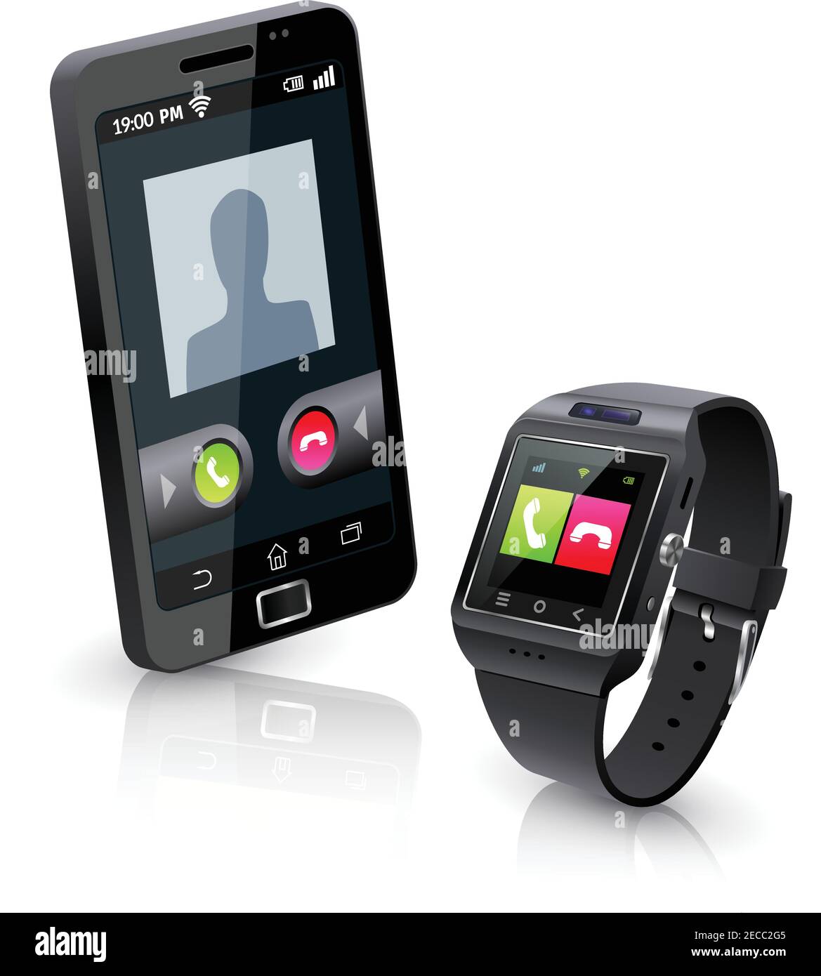 Avvisi smartwatch neri per chiamate in arrivo su smartphone compatibili realistiche composizione di oggetti con illustrazione vettoriale di sfondo bianco Illustrazione Vettoriale