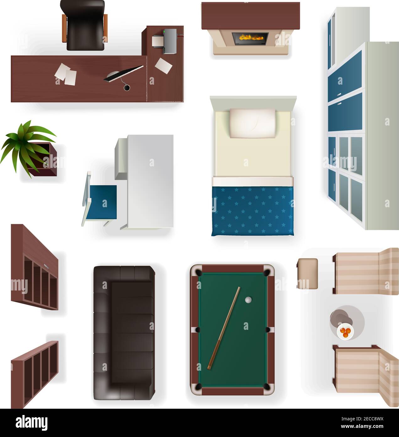 Arredamento interno moderno per ufficio soggiorno e camera da letto isolato realistico oggetti imposta immagine vettoriale isolata vista dall'alto Illustrazione Vettoriale
