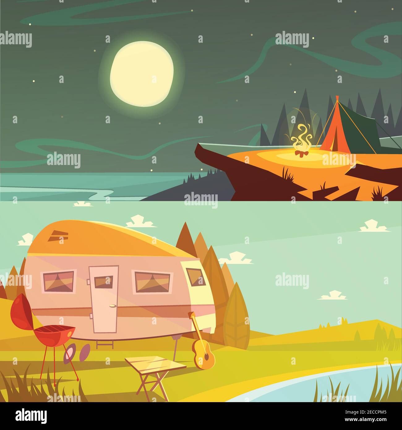 Cartoni animati orizzontali per escursioni e campeggio con trailer e.  illustrazione vettoriale isolata da tenda Immagine e Vettoriale - Alamy