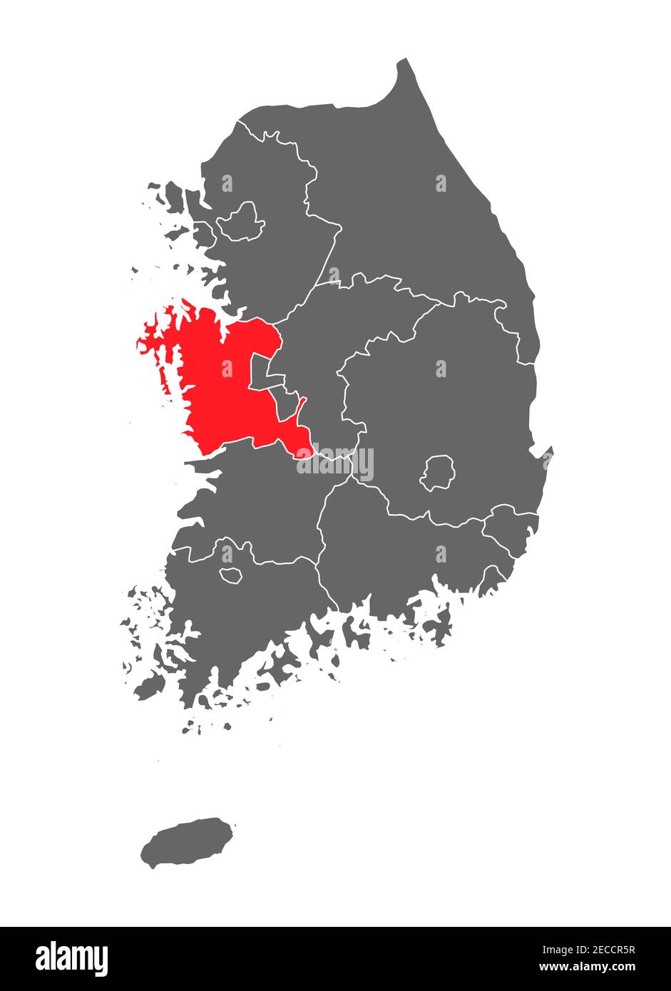 Mappa Corea della repubblica con provincia di colore rosso, Corea del Sud isolata su sfondo bianco . Illustrazione Vettoriale