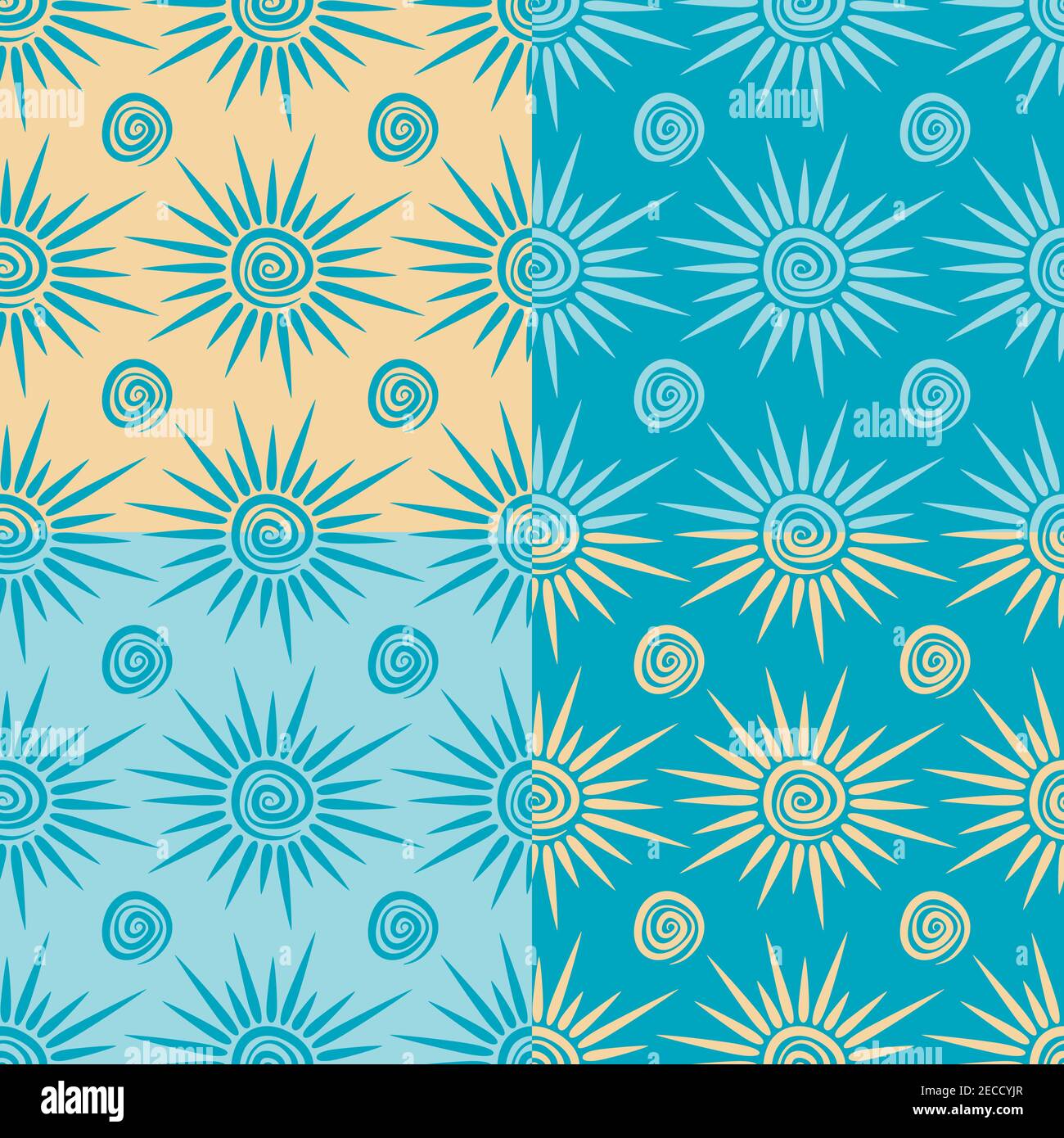 Insieme di pattern vettoriali senza giunture con sole e spirale. Illustrazione Vettoriale