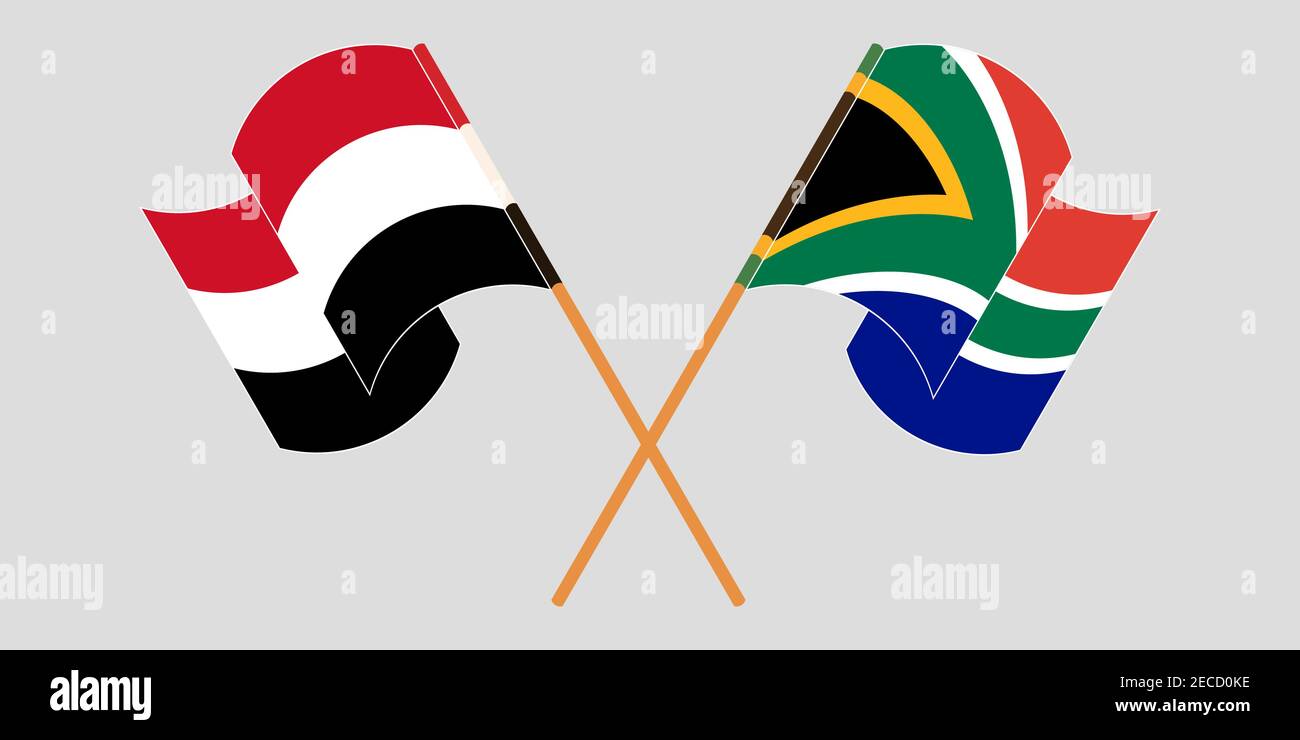 Bandiere incrociate e sventolanti dello Yemen e del Sudafrica. Illustrazione vettoriale Illustrazione Vettoriale