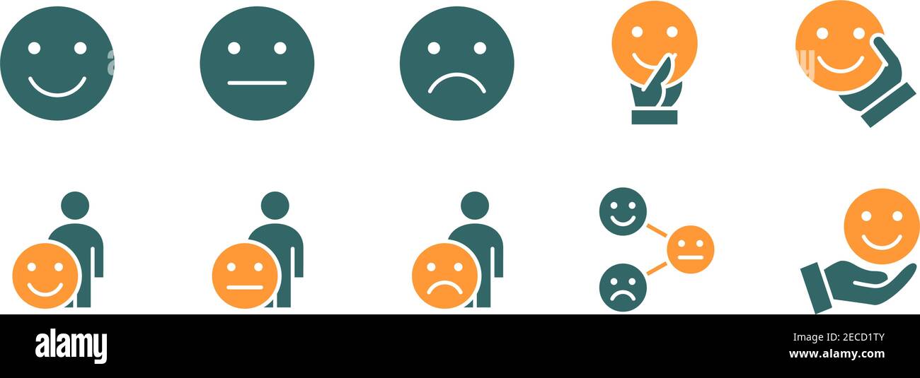 Set di icone colorate di feedback emotivo. Testimonianze, emozioni positive e negative e altro ancora. Illustrazione Vettoriale