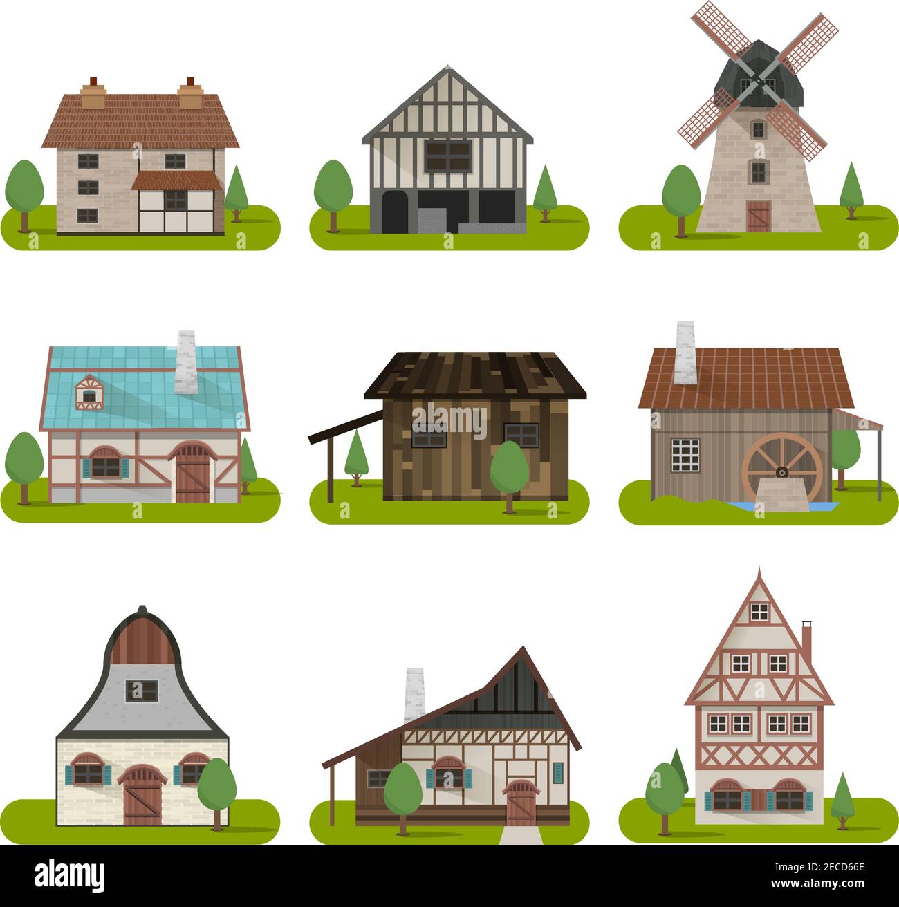 Antichi edifici medievali con diversi tipi di case tradizionali illustrazione vettoriale isolata Illustrazione Vettoriale