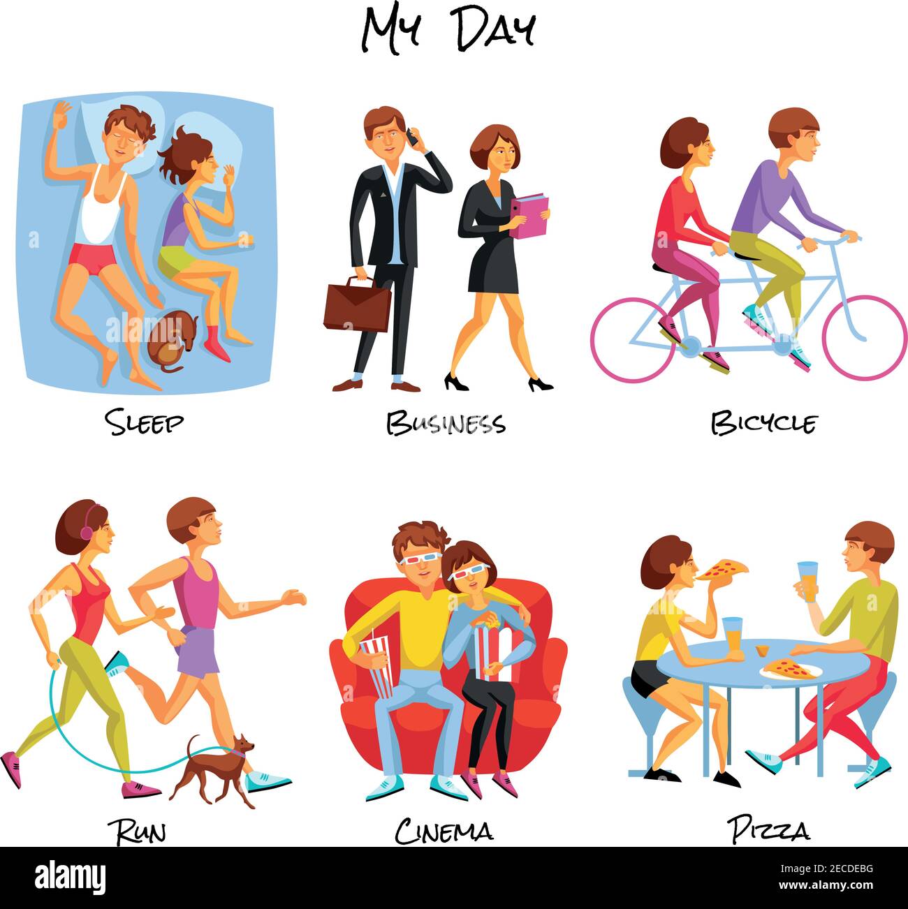 Set icone stile di vita. Illustrazione Lifestyle Vector. Simboli cartoni di routine giornalieri. Set tipico per il design diurno. Set isolato di routine giornaliero. Illustrazione Vettoriale