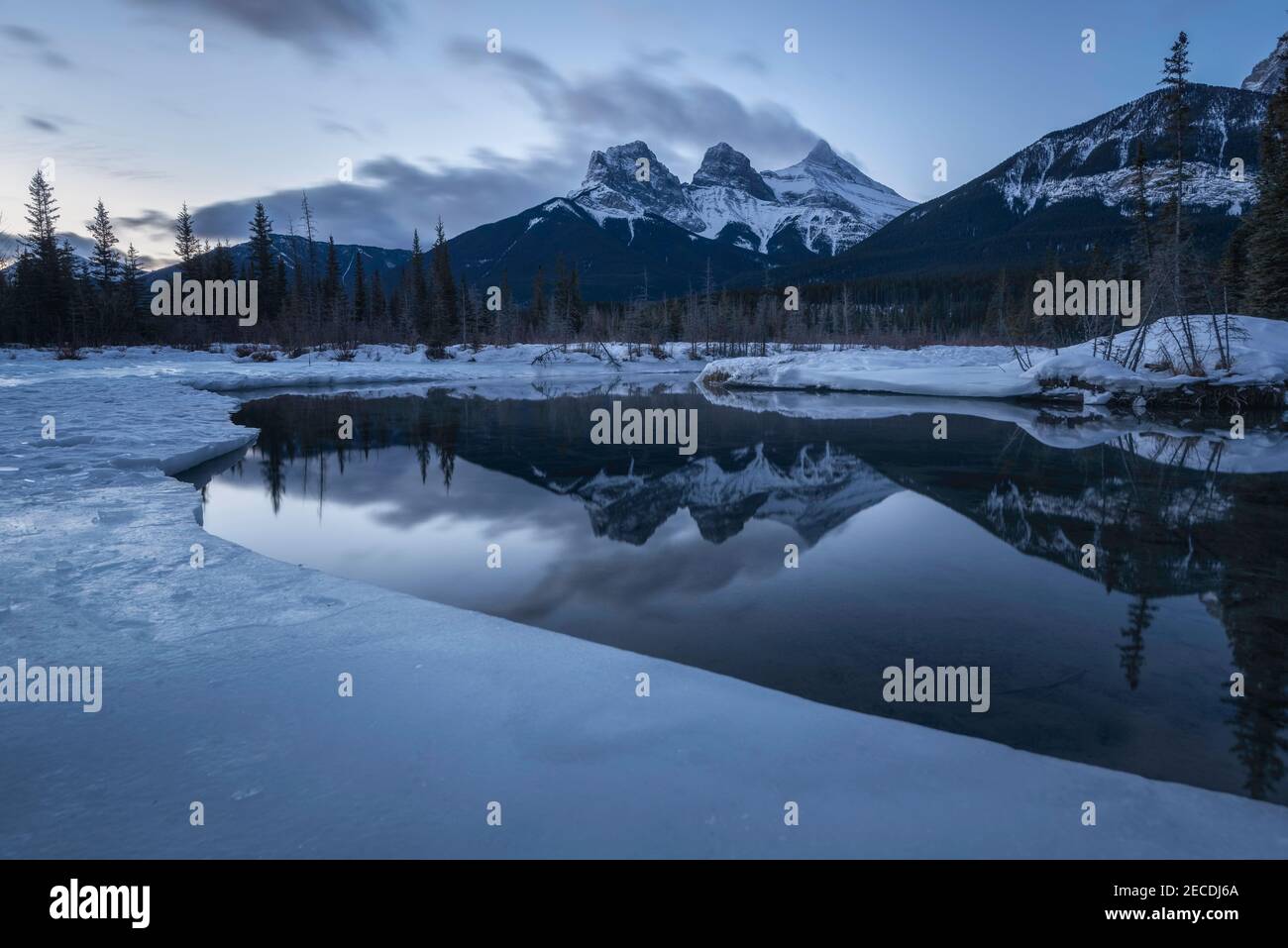 Un gelido riflesso all'alba delle tre Sorelle di Canmore, Alberta, Canada. Foto Stock