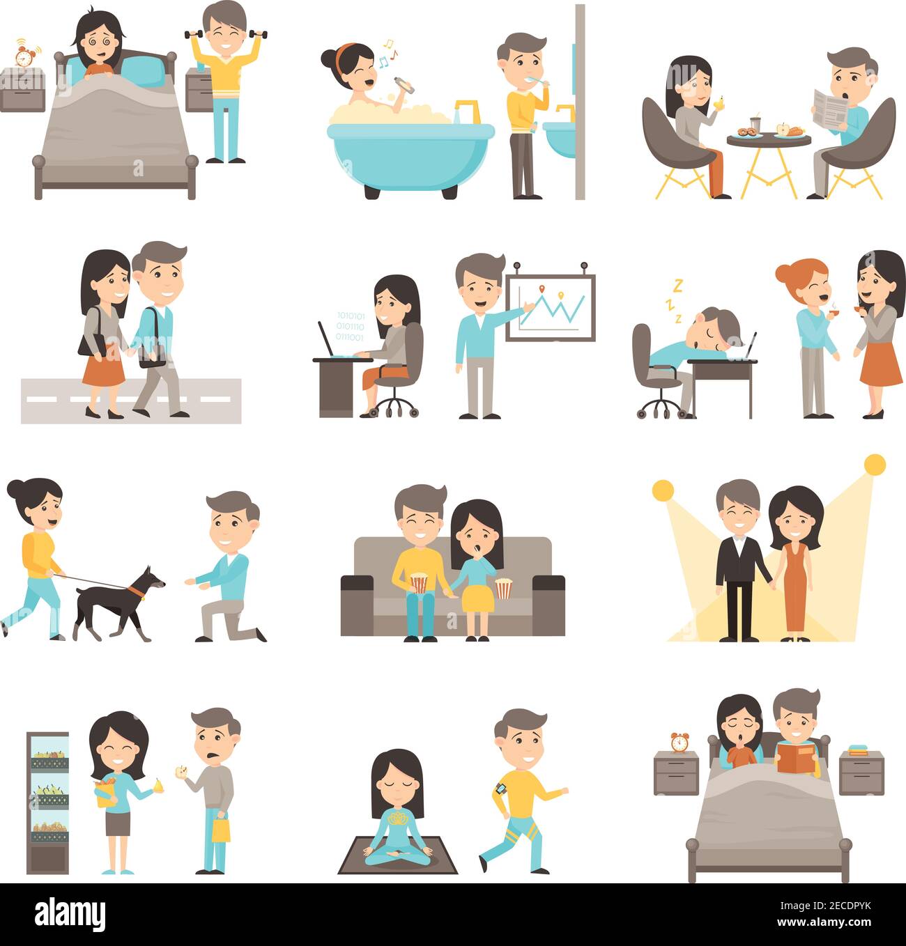 Icone gente insieme di due scene quotidiane di routine dal mattino a illustrazione vettoriale isolata cartone animato sera Illustrazione Vettoriale