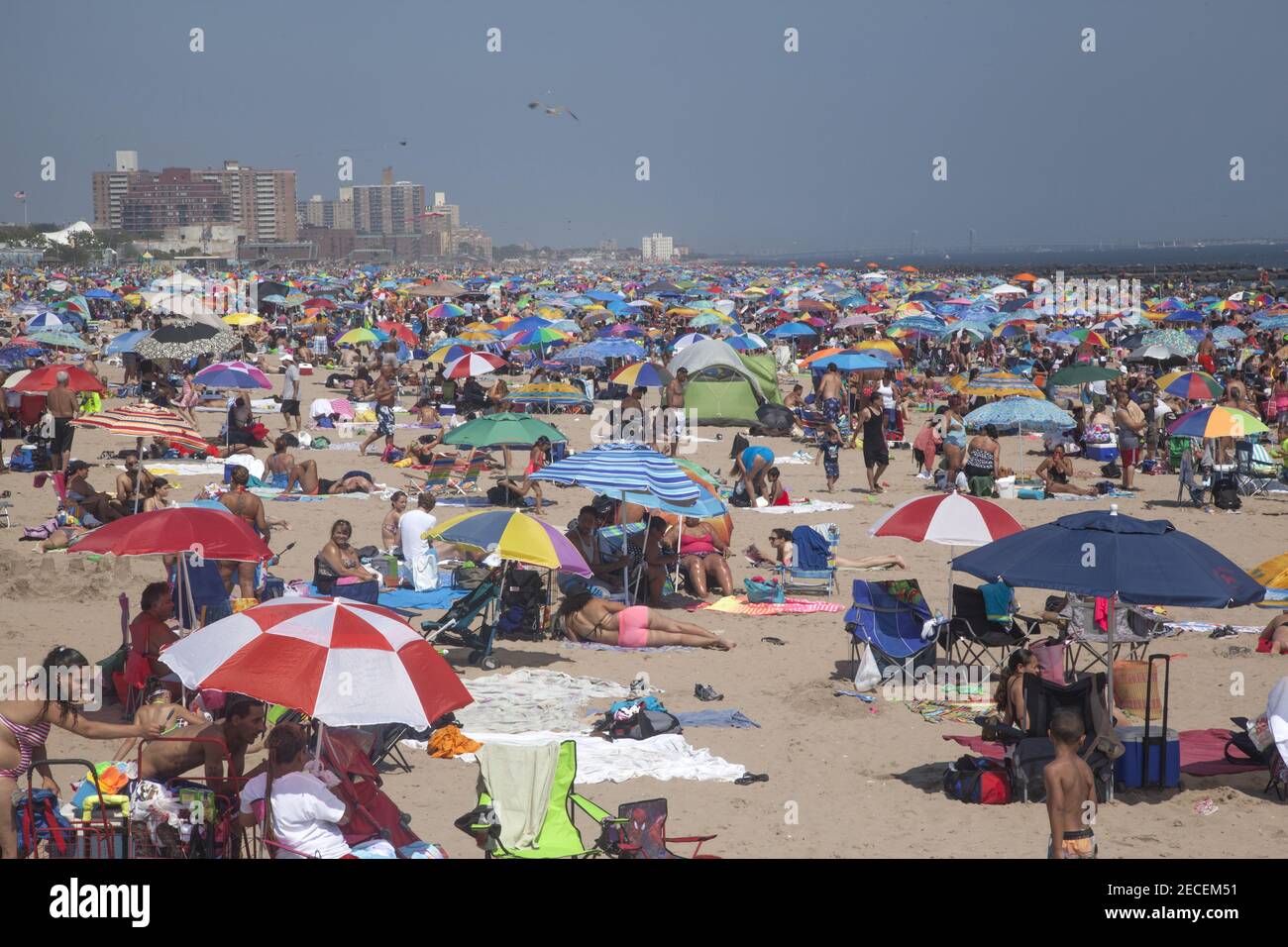 Migliaia di persone per godersi la spiaggia e acqua lungo l'Oceano Atlantico a Coney Island, Brooklyn, New York. Foto Stock