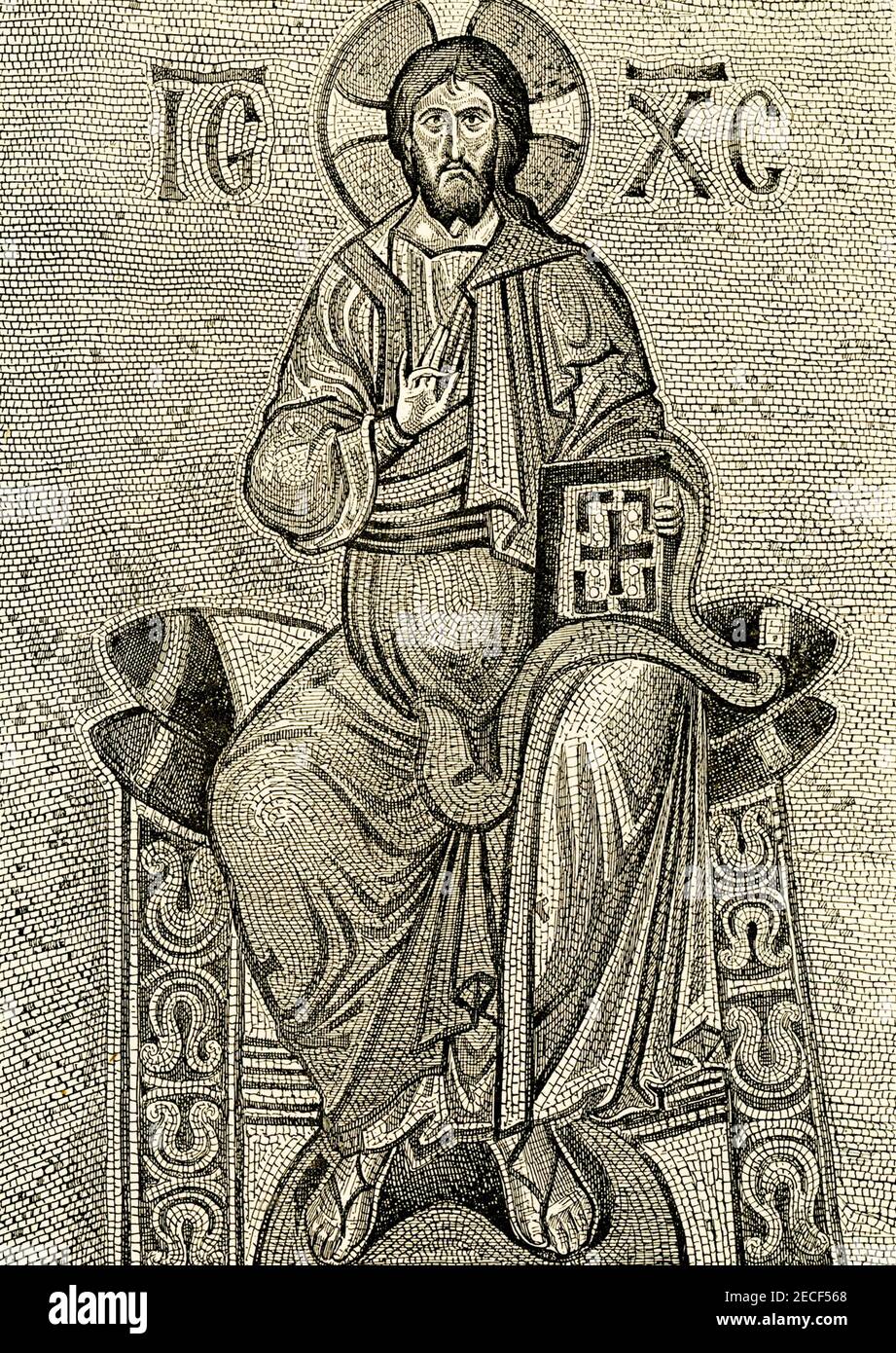 Questa illustrazione del 1880 mostra Cristo in epoca bizantina - la raffigurazione è un mosaico della cappella di Martorana a Palermo in Sicilia. La chiesa detta la Martorana si trova in Piazza Bellini di Palermo. Fu fondata nel 1143 da un ammiraglio di Giorgio d’Antiochia di Re Ruggero II, il cui grado gli diede il nome originale di Santa Maria dell’Ammiraglio. I mosaici di Cristo (qui visti), della Madonna e dei santi hanno forti influenze greche e bizantine. Foto Stock
