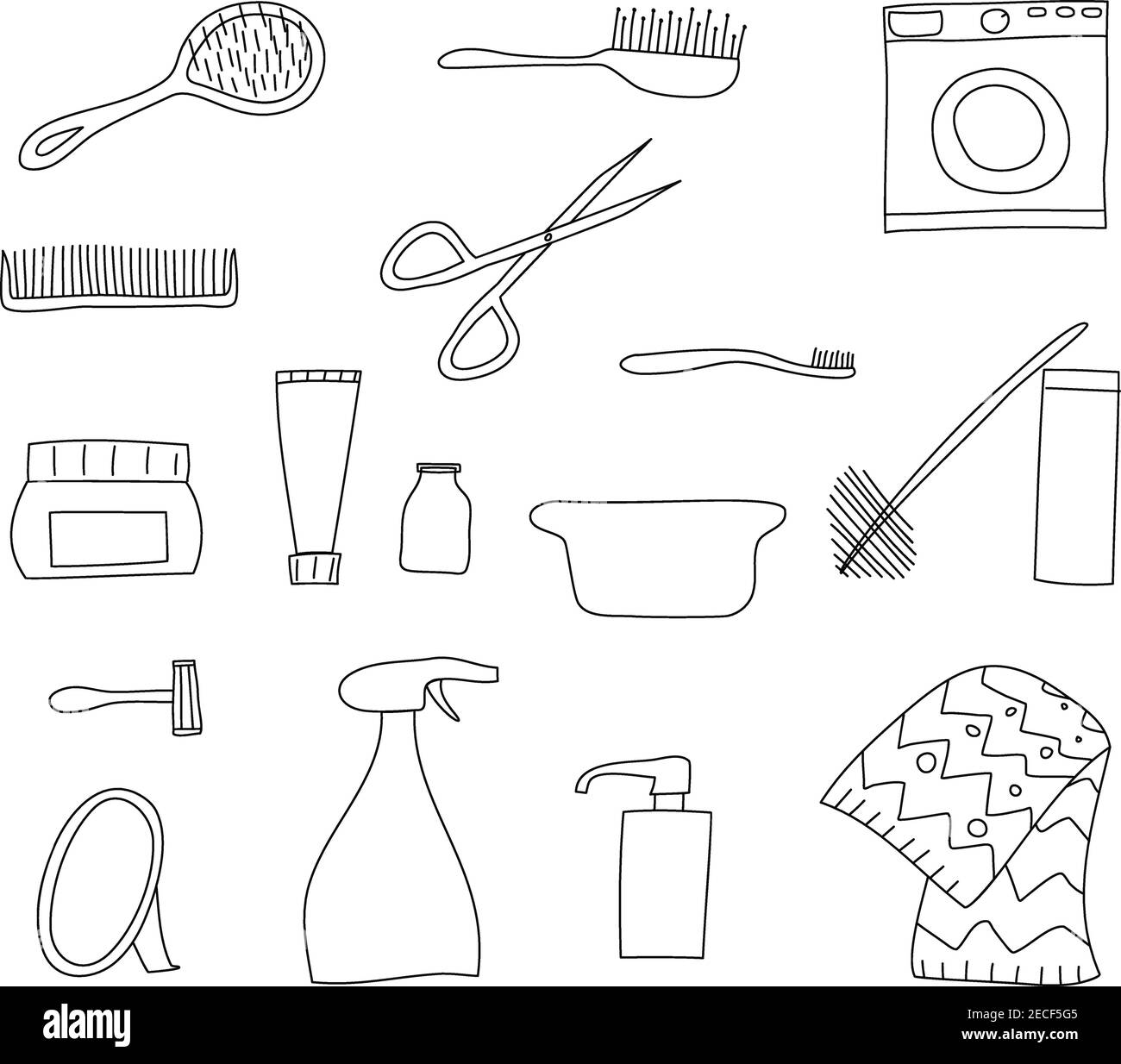 Set pattern con elementi monolinici per bagno. Elementi interni del bagno disegnati a mano. Specchio da bagno, lavello per spazzolino, rubinetto per asciugamani, pettine a forbice Illustrazione Vettoriale