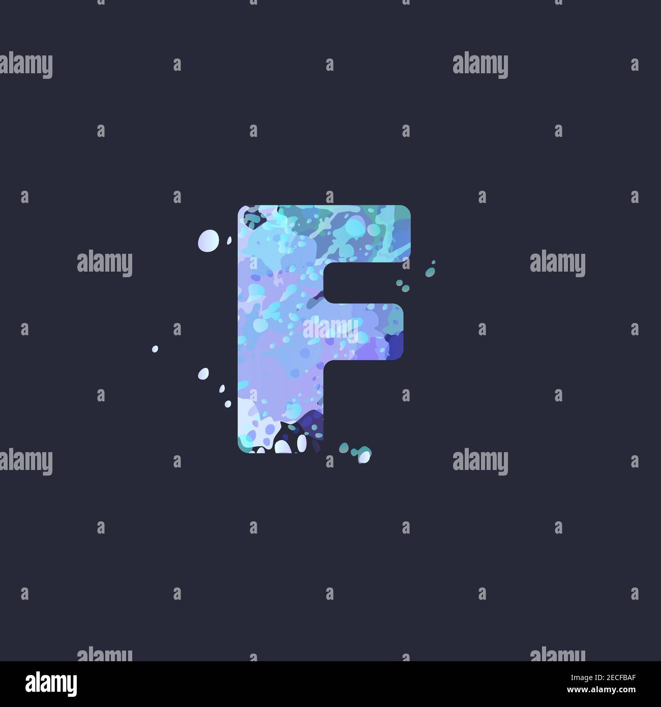 Lettera F in grassetto con effetto di macchie liquide di vernice in blu, bianco, viola su sfondo blu scuro. Elemento decorativo per disegno invernale di un fl Illustrazione Vettoriale