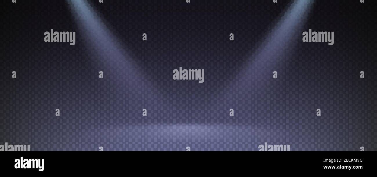 Raggi di luce su sfondo trasparente a scacchi. Illuminare la stanza con due faretti. Illustrazione vettoriale. Illustrazione Vettoriale