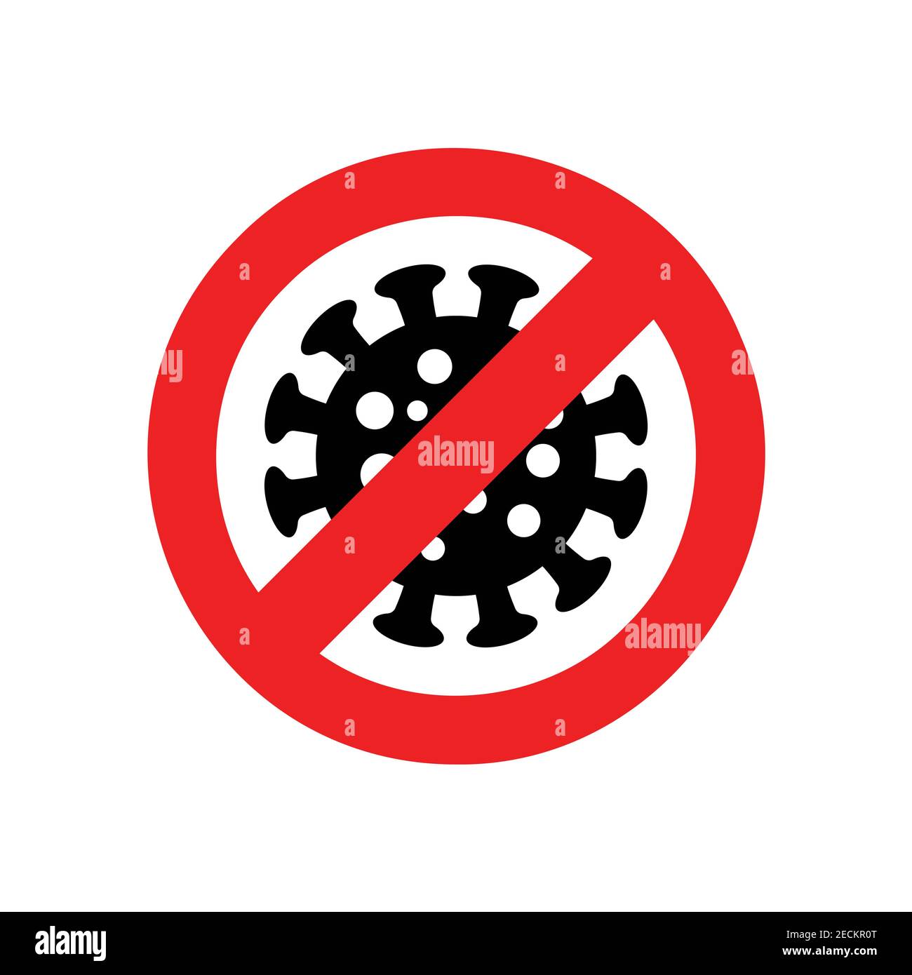 Coronavirus, concetto di vettore icona di stop covid-19 con cerchio rosso barrato e cellula virale all'interno isolato su sfondo bianco Illustrazione Vettoriale
