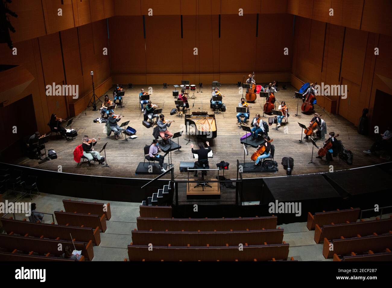 New York, Stati Uniti. 8 Feb 2021. Foto scattata l'8 febbraio 2021 mostra artisti che provano per 'The Sound of Spring', un concerto online per il capodanno cinese, al Bard College Conservatory of Music di Annandale-on-Hudson, New York, Stati Uniti. Il 13 febbraio l'Istituto di Musica USA-Cina del Conservatorio di Musica del Bard College ha organizzato il suo secondo concerto annuale di musica sinfonica per celebrare il Capodanno lunare. Credit: Hsiao-Fang Lin/Xinhua/Alamy Live News Foto Stock