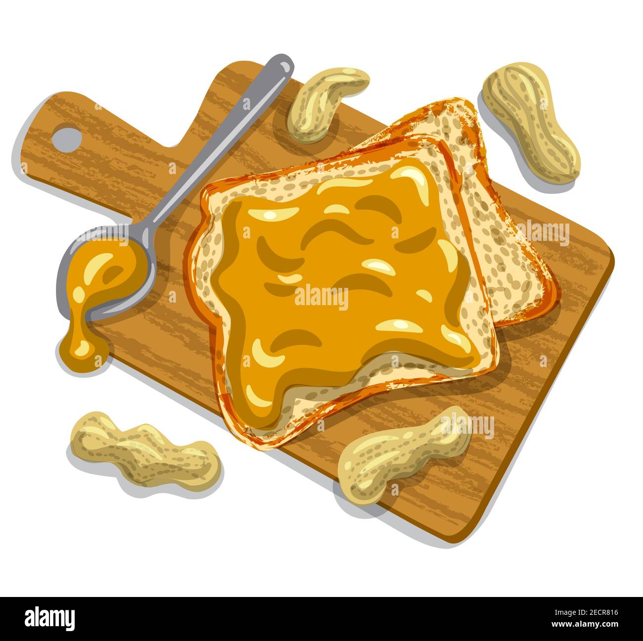 illustrazione dei sandwich di burro di arachidi con arachidi su un asse di legno Illustrazione Vettoriale