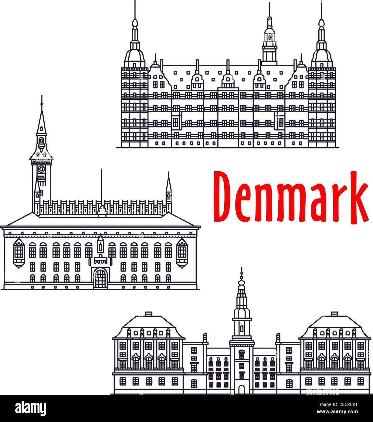 Simbolo simbolico di viaggio della Danimarca icona con il Municipio di Copenhagen sulla Piazza del Municipio, complesso sontuoso Frederiksborg Castello, edificio governativo Illustrazione Vettoriale
