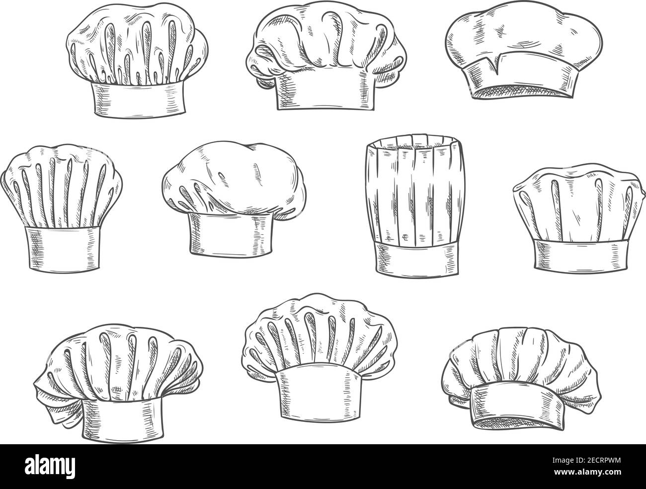 Cappello da chef abbozzato, cappellino da cucina e toque. Personale della cucina uniforme, capo professionale per il design di ristoranti, caffè e menu Illustrazione Vettoriale