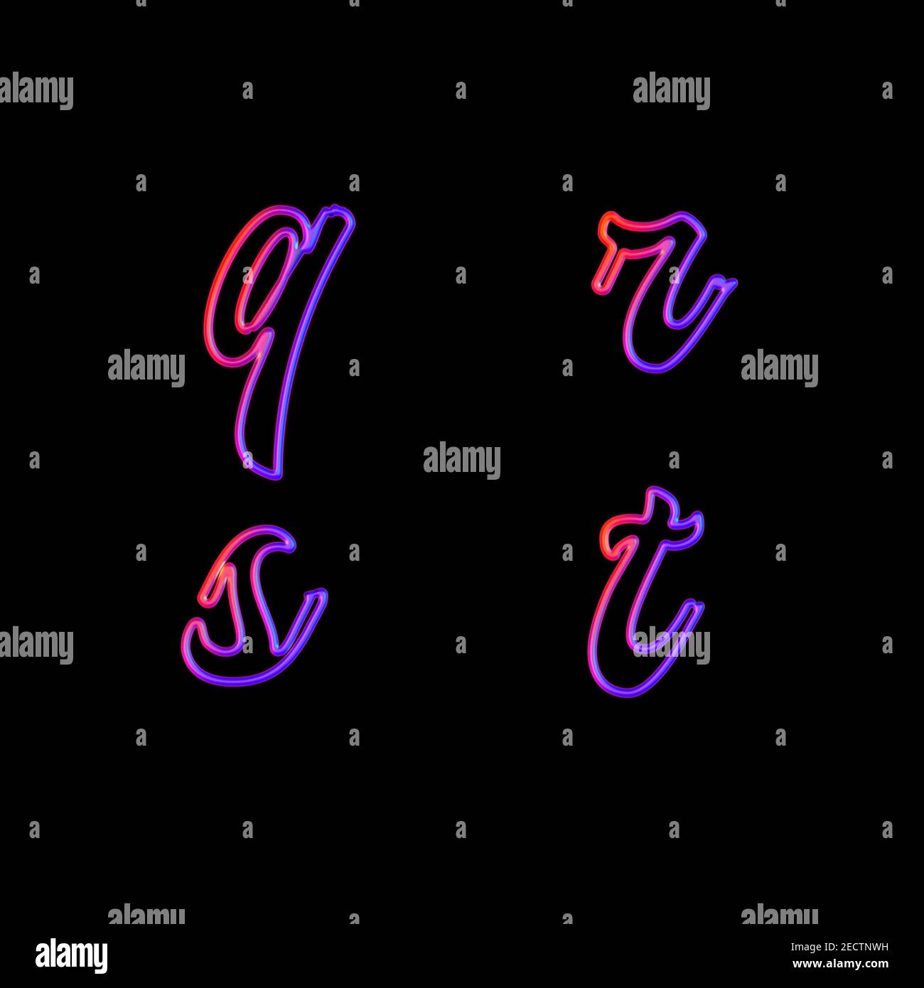 Rendering 3D di piccole lettere al neon incandescente - lettere q-t Foto Stock