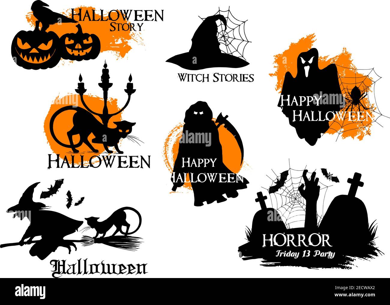 Elementi della silhouette di Halloween Story in nero e arancione. Icone vettoriali isolate di lanterne di zucca, corvo nero, gatto, strega che vola su scopa, fantasma spooky, Illustrazione Vettoriale