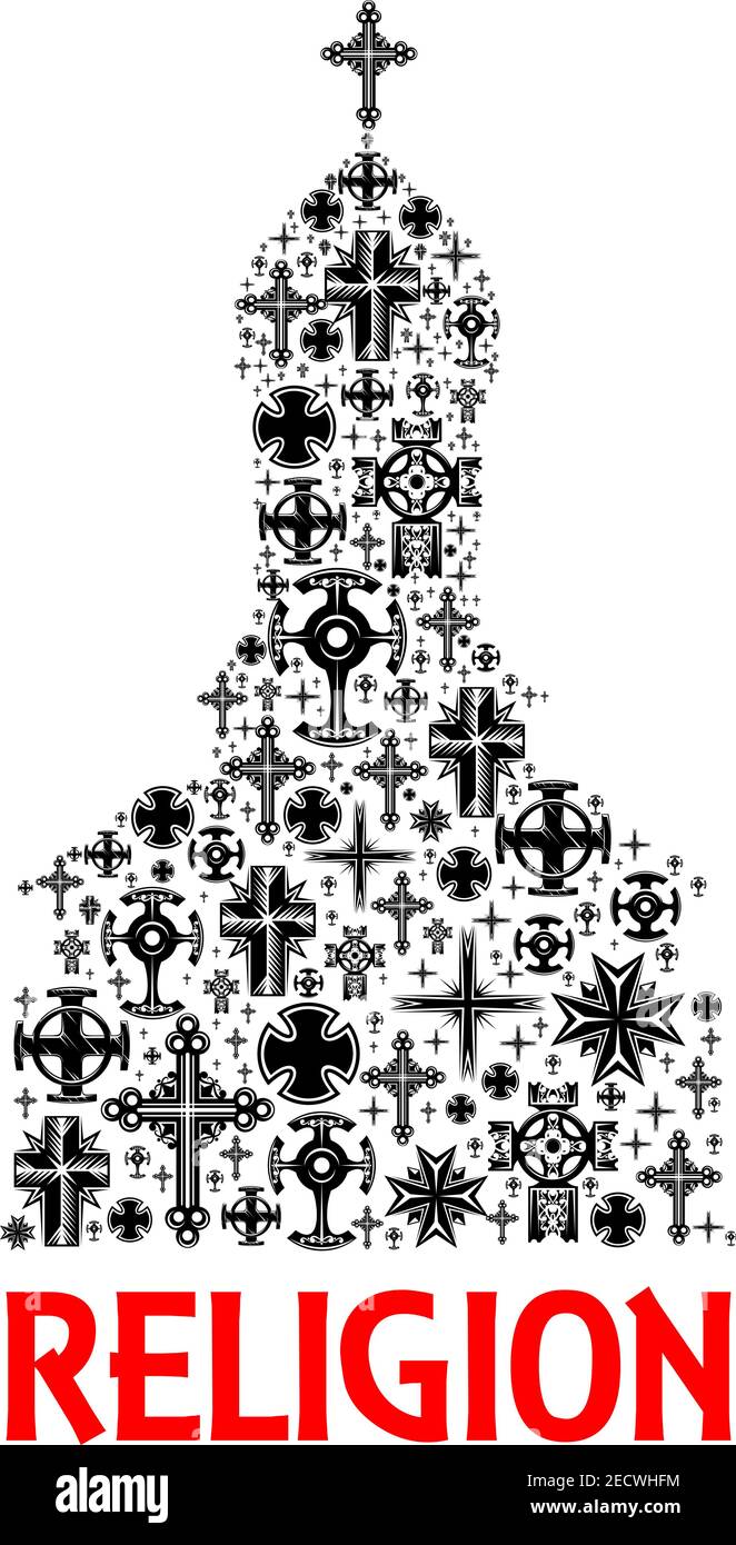 Icona della Chiesa fatta di elementi a croce cristiana. Simboli ortodossi, crocifissi cattolici a forma di tempio, monastero per la decorazione religiosa, emblema, desi Illustrazione Vettoriale